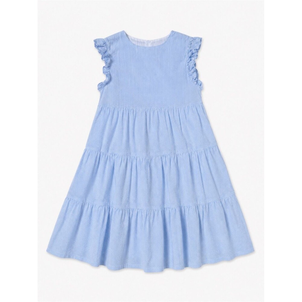 Edgehill Collection Blue Seersucker Tiered Dress Girls Size 6 Ruffle Sleeve
